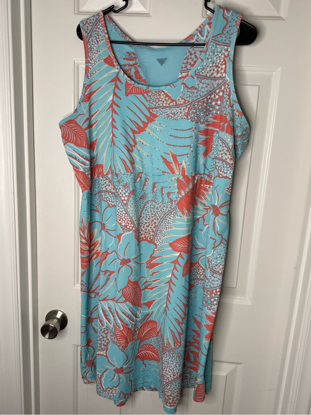 Sleeveless Tropical Print Mini Dress in Aqua and Coral